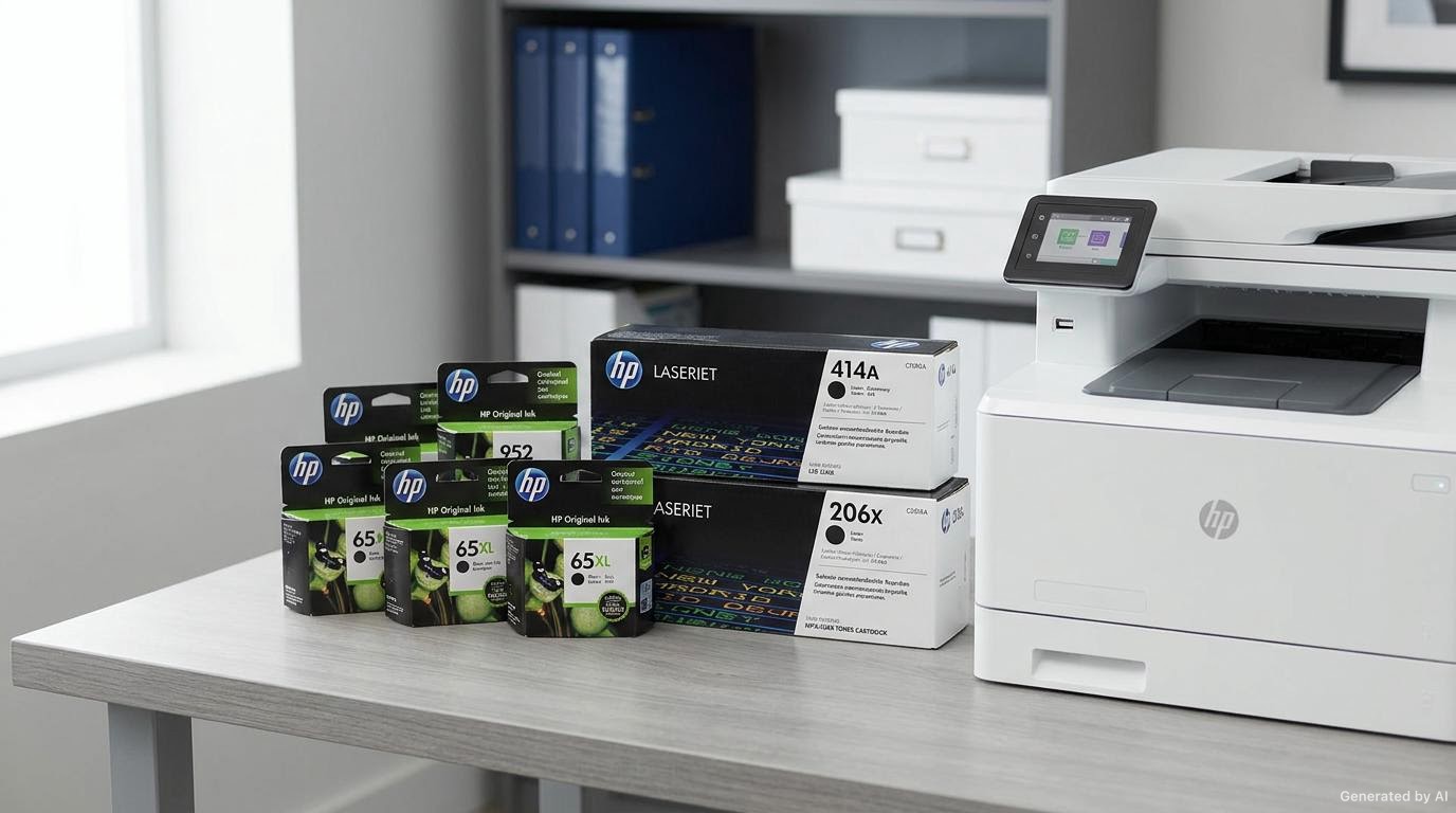 Cartuchos de tinta y tóners HP originales junto a una impresora multifunción HP en Carbomaq